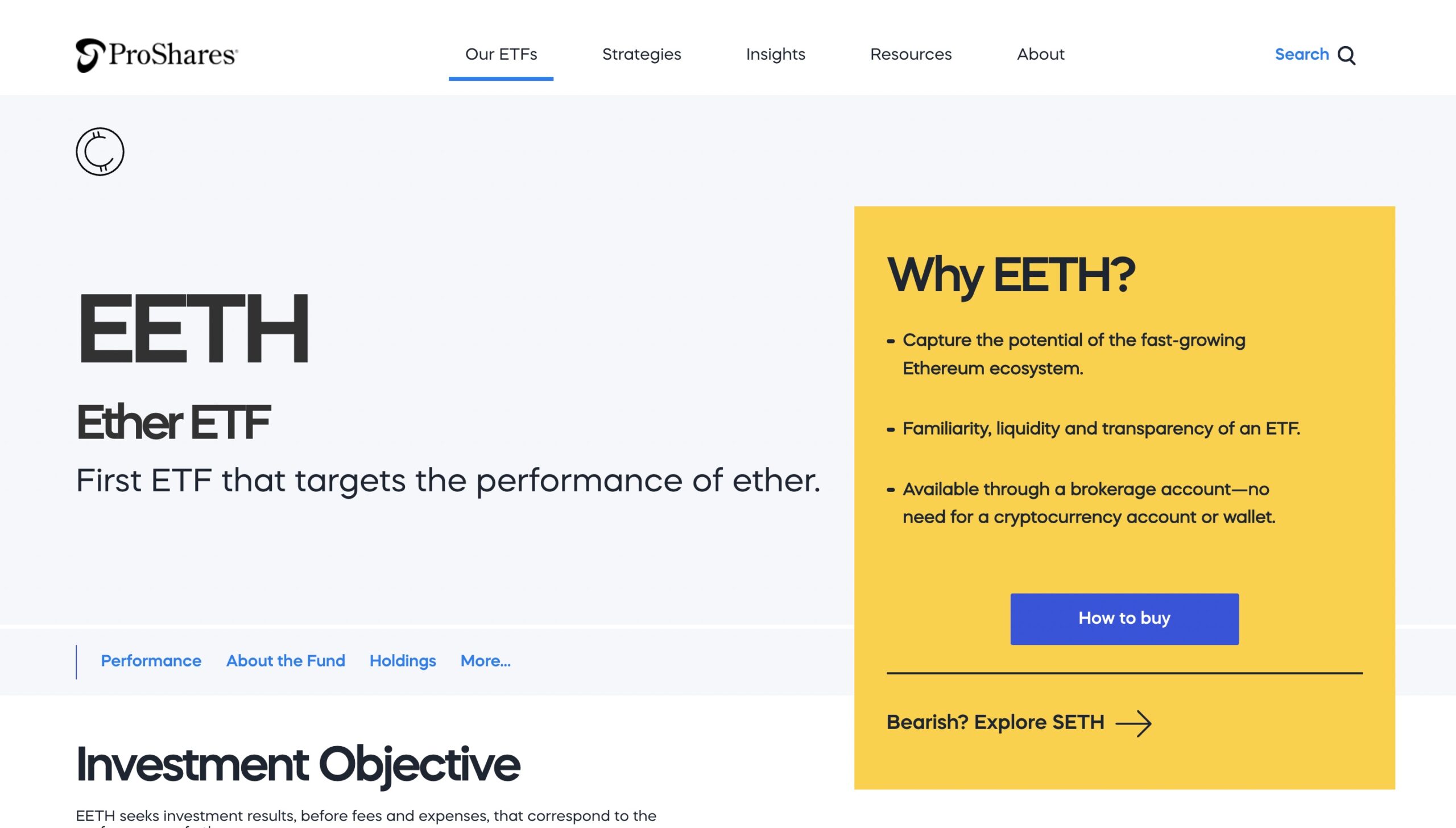 Proshares Ether ETH (EETH) home page