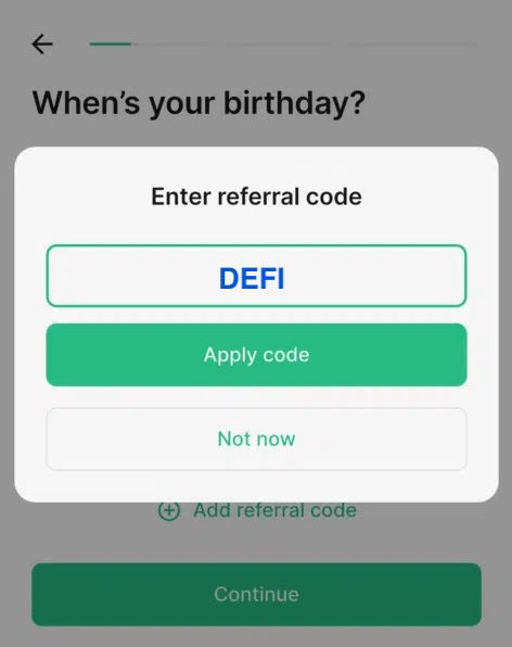 Enter the promo code DEFI to get $10 in free trades