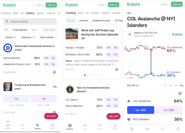 Screenshot showing Kalshi's app - homepage, trending markets and live betting on NHL game