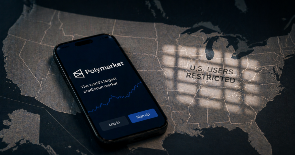 A view of Polymarket’s platform over a U.S. map reflects the company’s push to bring its global exchange back to American users, as regulatory and structural questions remain unresolved.