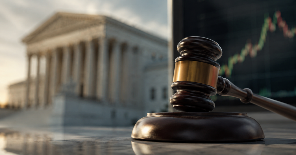 judge gavel in front of court building and line graph