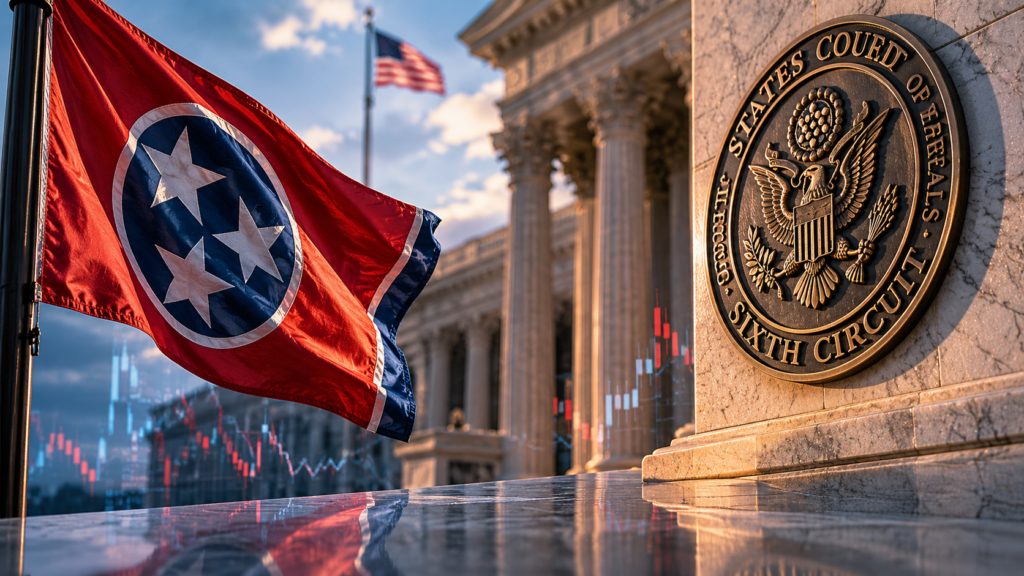 tennessee flag next to sixth circuit seal in front of court building