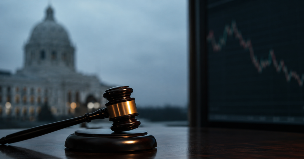 judges gavel in front of capitol building and graph chart