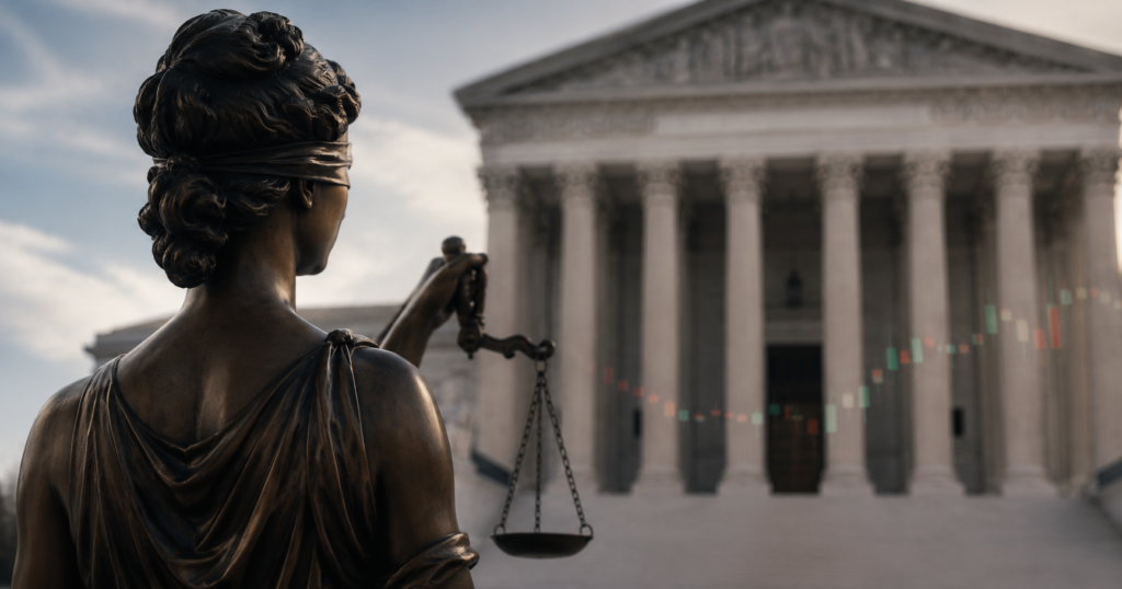 justice statue and scales in front of supreme court building