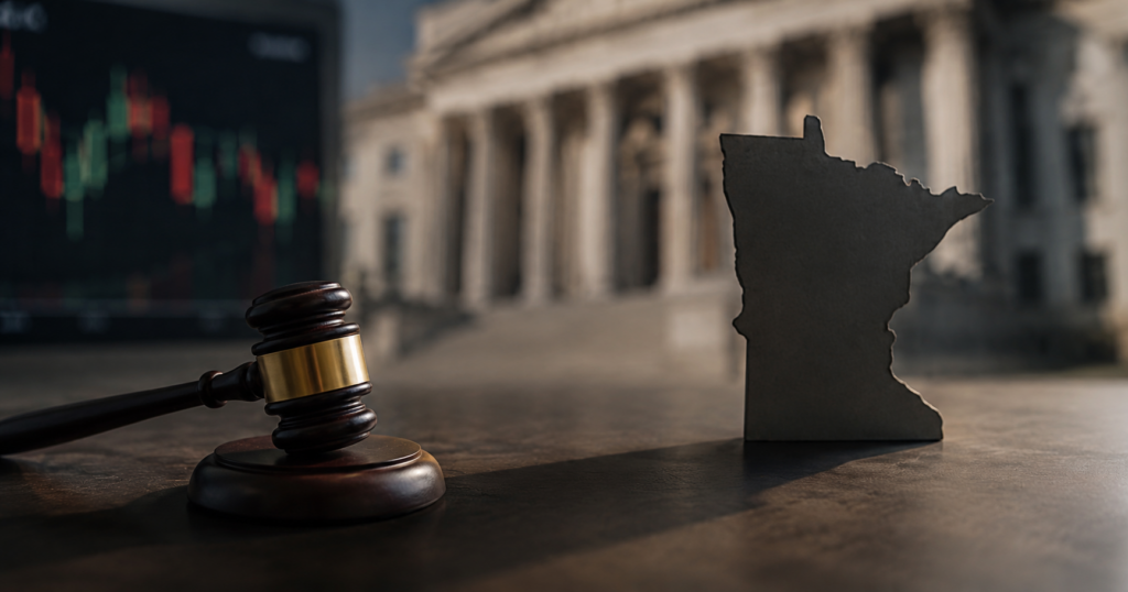 judges gavel in front of courthouse next to figure of Minnesota