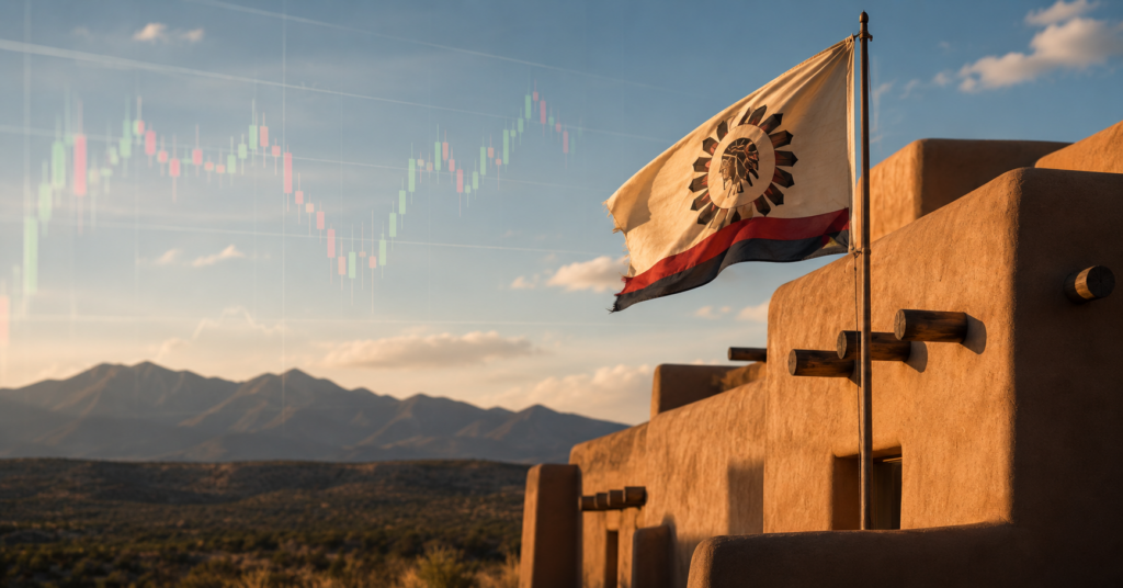 new mexico flag in front of building with mountain skyline and line graph