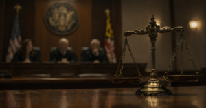 scale on table in front of judicial bench in courtroom