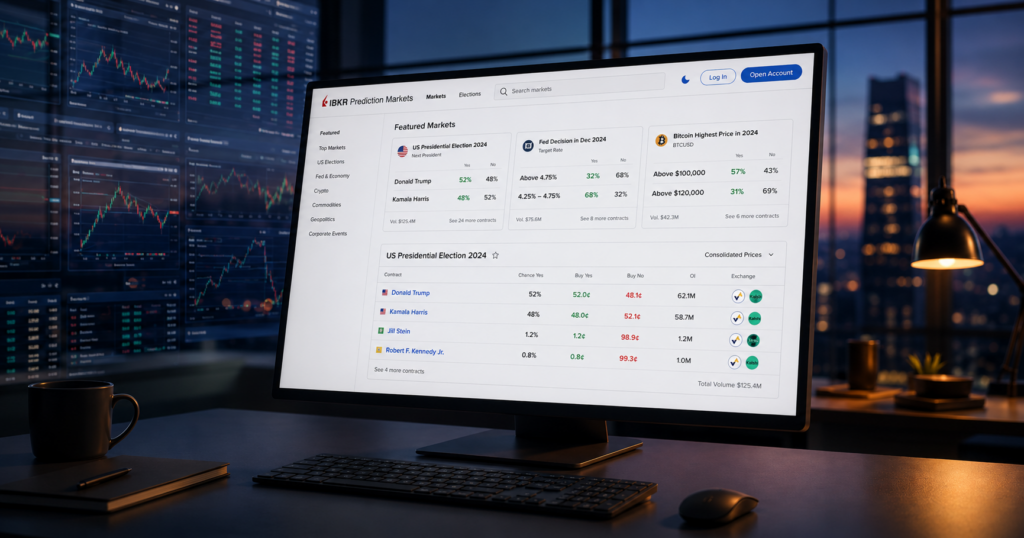 Interactive Brokers’ new prediction markets interface lets eligible clients access ForecastEx, Kalshi and CME Group event contracts from a single brokerage platform