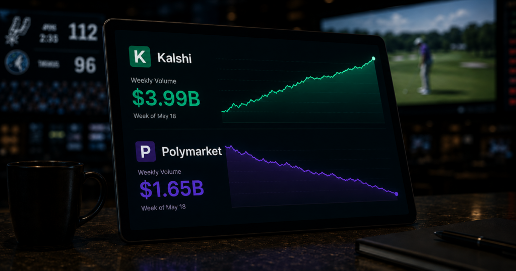 Kalshi stayed near $4 billion in weekly volume while Polymarket pulled back during the week of May 18.