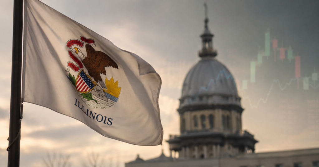 illlinois state flag in and line graph in front of capitol dome