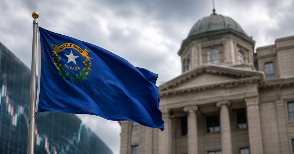 nevada state flag and line graph in front of building