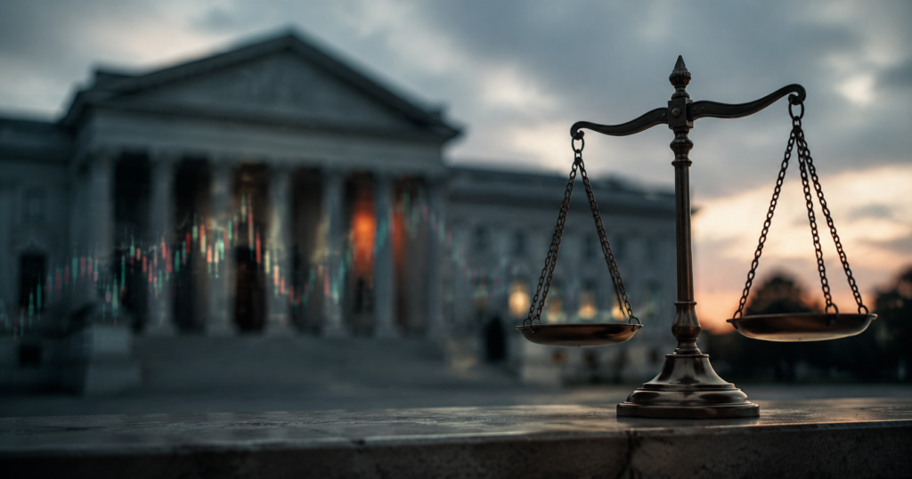 scales and line graph in front of court building