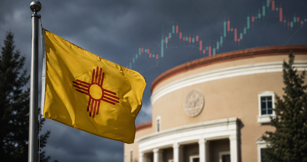 new mexico flag in front of building
