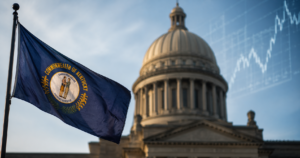 kentucky state flag in front of capitol dome