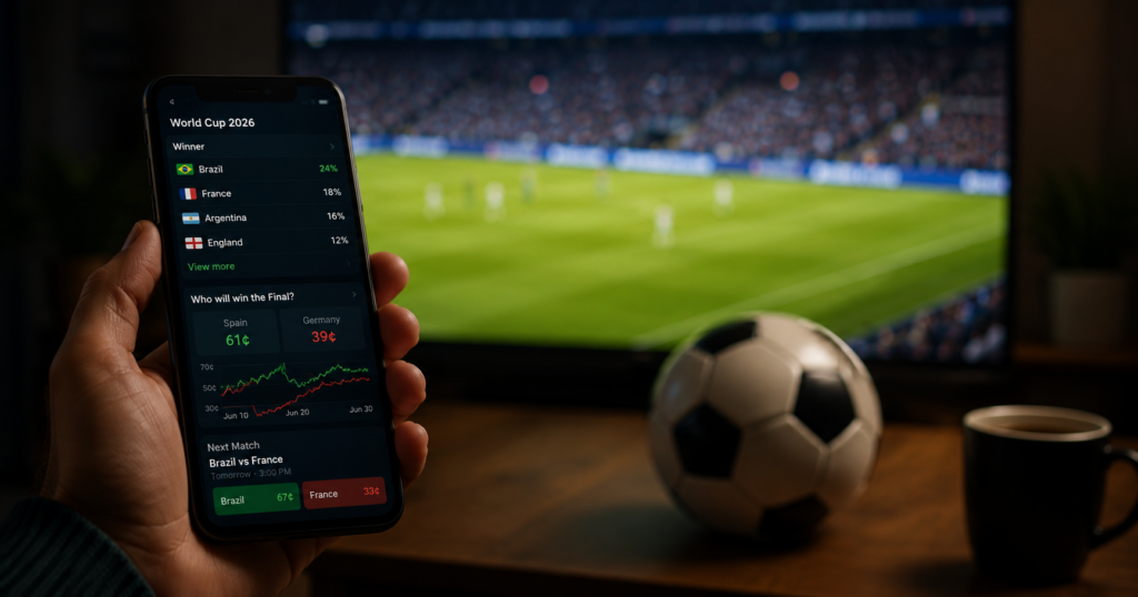 A fan follows World Cup prediction markets on a mobile device as Kalshi expands its soccer strategy through a partnership tied to FIFA's official prediction market rights.