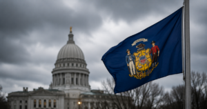 Wisconsin state flag in front of courthouse