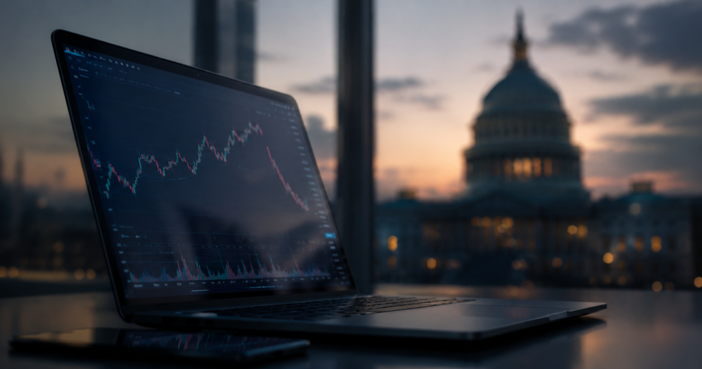 laptop computer showing line graph sitting on desk in office