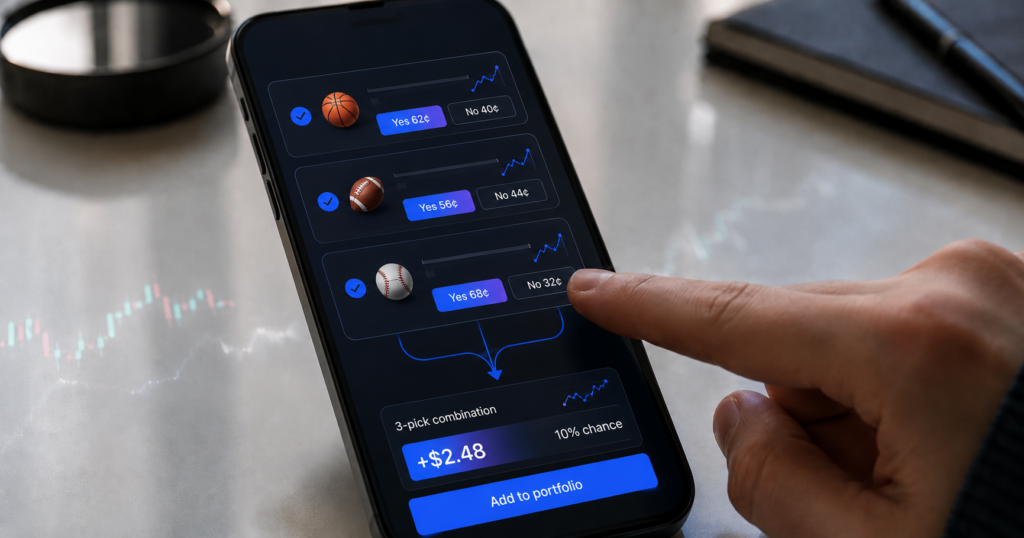 Polymarket US launched its Combos feature Wednesday, allowing users to combine multiple sports contracts into a single multi-leg trade