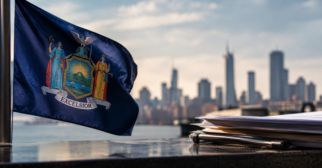 new york state flag in front of city skyline