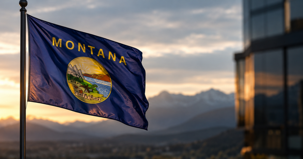 montana state flag with mountains in background