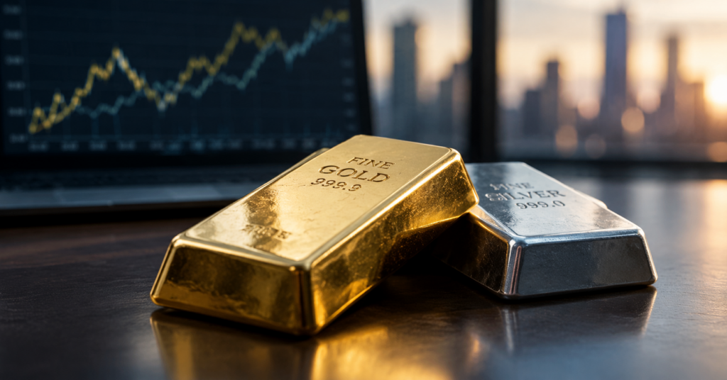 gold and silver bars resting on table
