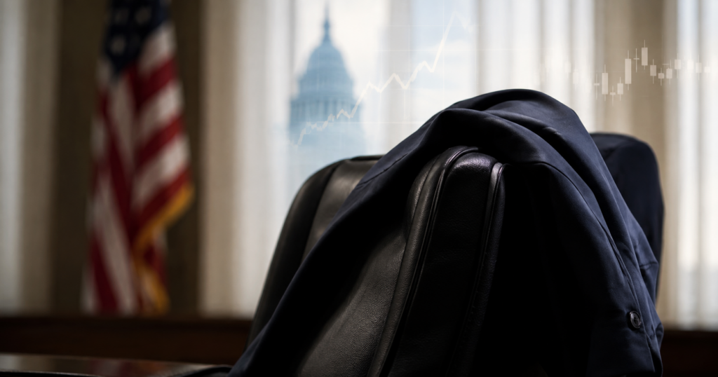 blazer draped over chair in front of us flag