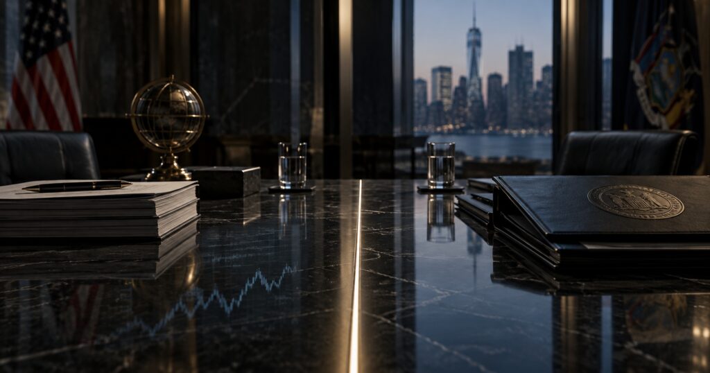 Federal and New York flags beside regulatory documents on a conference table overlooking Lower Manhattan