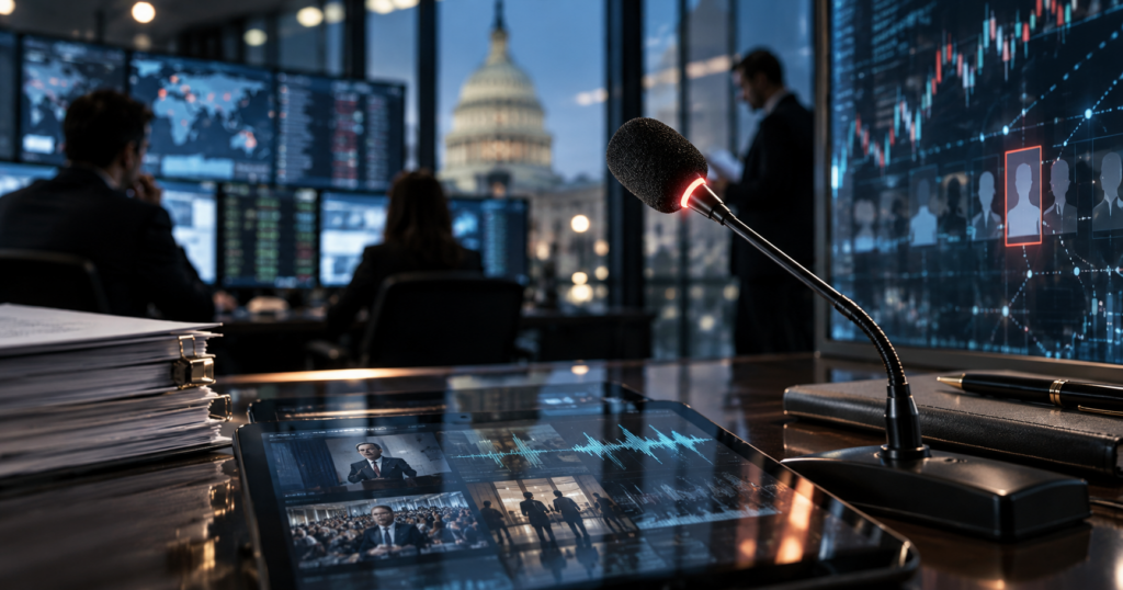 Microphone and market screens in an office overlooking the U.S. Capitol