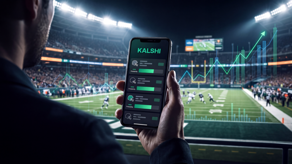 Kalshi app showing NFL prediction markets at a football stadium