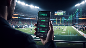 Kalshi app showing NFL prediction markets at a football stadium