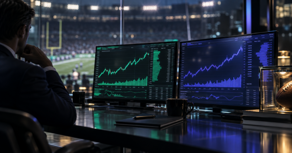 Trader monitors rising charts overlooking a football stadium