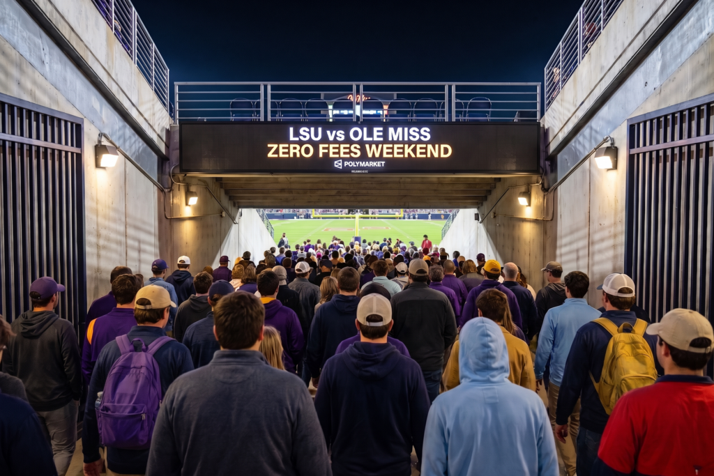 Fans enter a college football stadium beneath an LSU vs. Ole Miss zero-fees marquee
