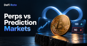 Bitcoin coin beside a price chart and Yes and No prediction market buttons.